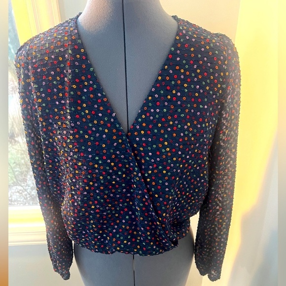 Madewell Sz XS Blue Lyric Lined Wrap Top in Sugar Dot multi color dots - Picture 1 of 16